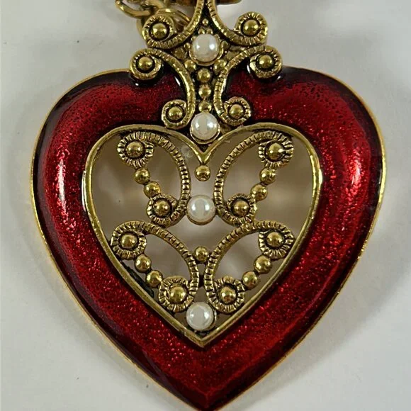 Vintage Avon Heart Pendant Necklace Gold Tone Faux Pearl Red Enamel Ornate Open